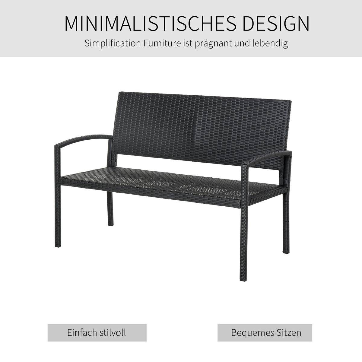 Polyrattan Garden Bench Park Bench 2-Seater Wicker Steel Black W122 X D60 X H87Cm