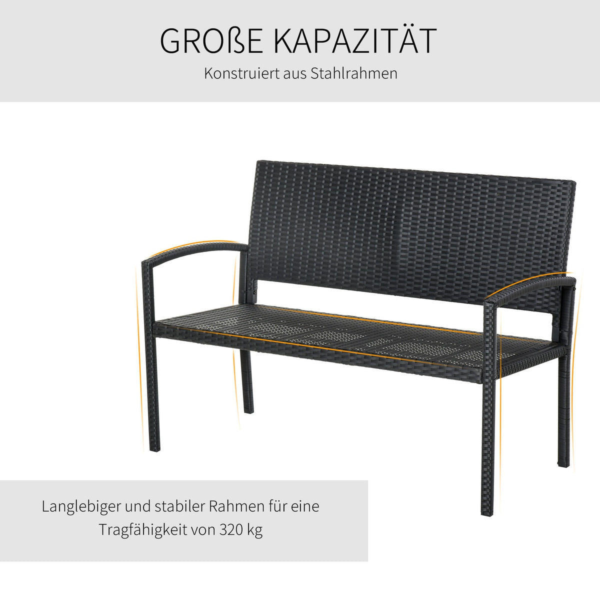 Polyrattan Garden Bench Park Bench 2-Seater Wicker Steel Black W122 X D60 X H87Cm