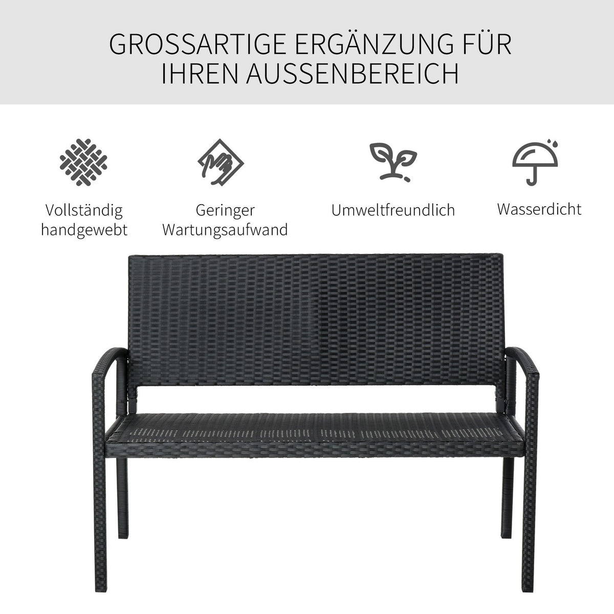 Polyrattan Garden Bench Park Bench 2-Seater Wicker Steel Black W122 X D60 X H87Cm