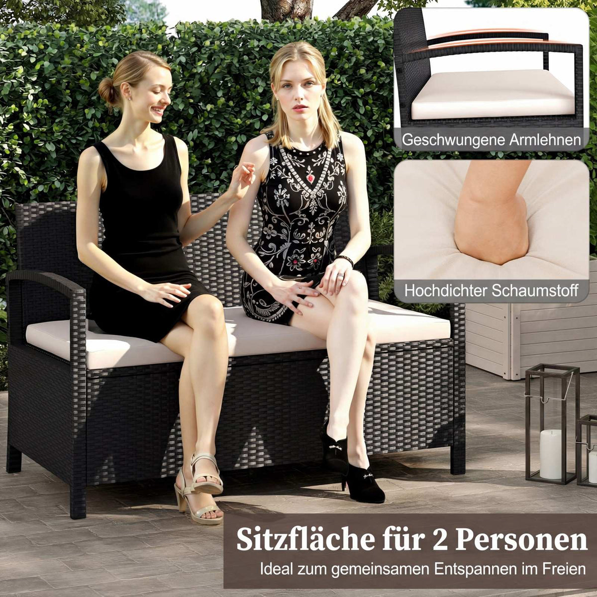 Polyrattan Garden Bench with Storage, Beige, 160L Capacity
