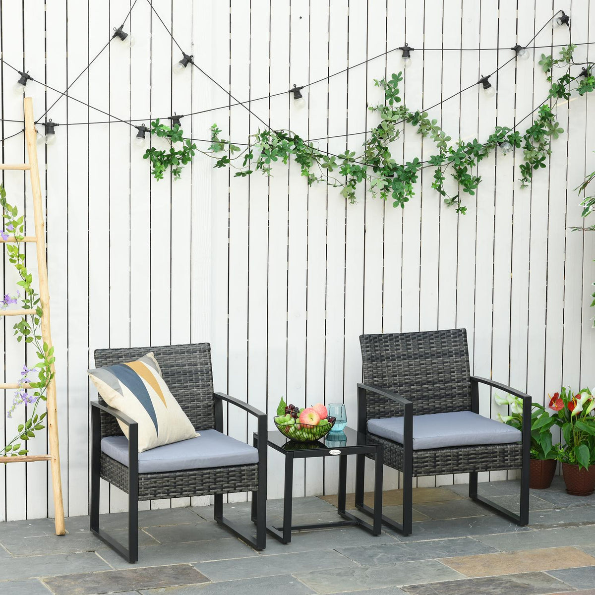 Polyrattan Garden Furniture 2 Person Balcony Set Cushion Gray