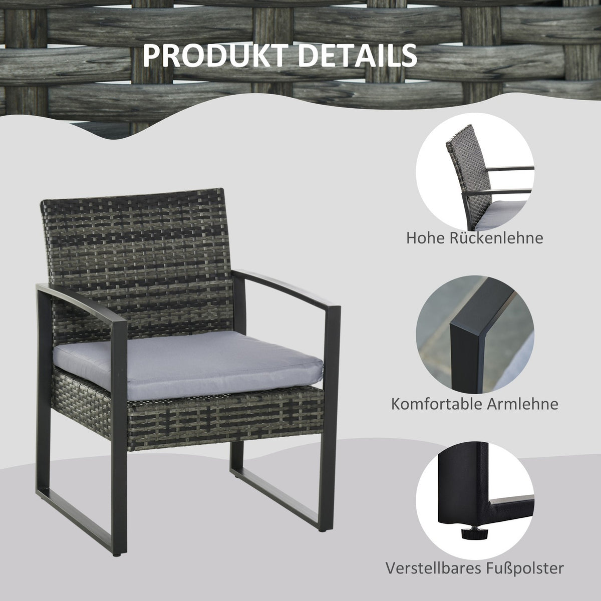 Polyrattan Garden Furniture 2 Person Balcony Set Cushion Gray
