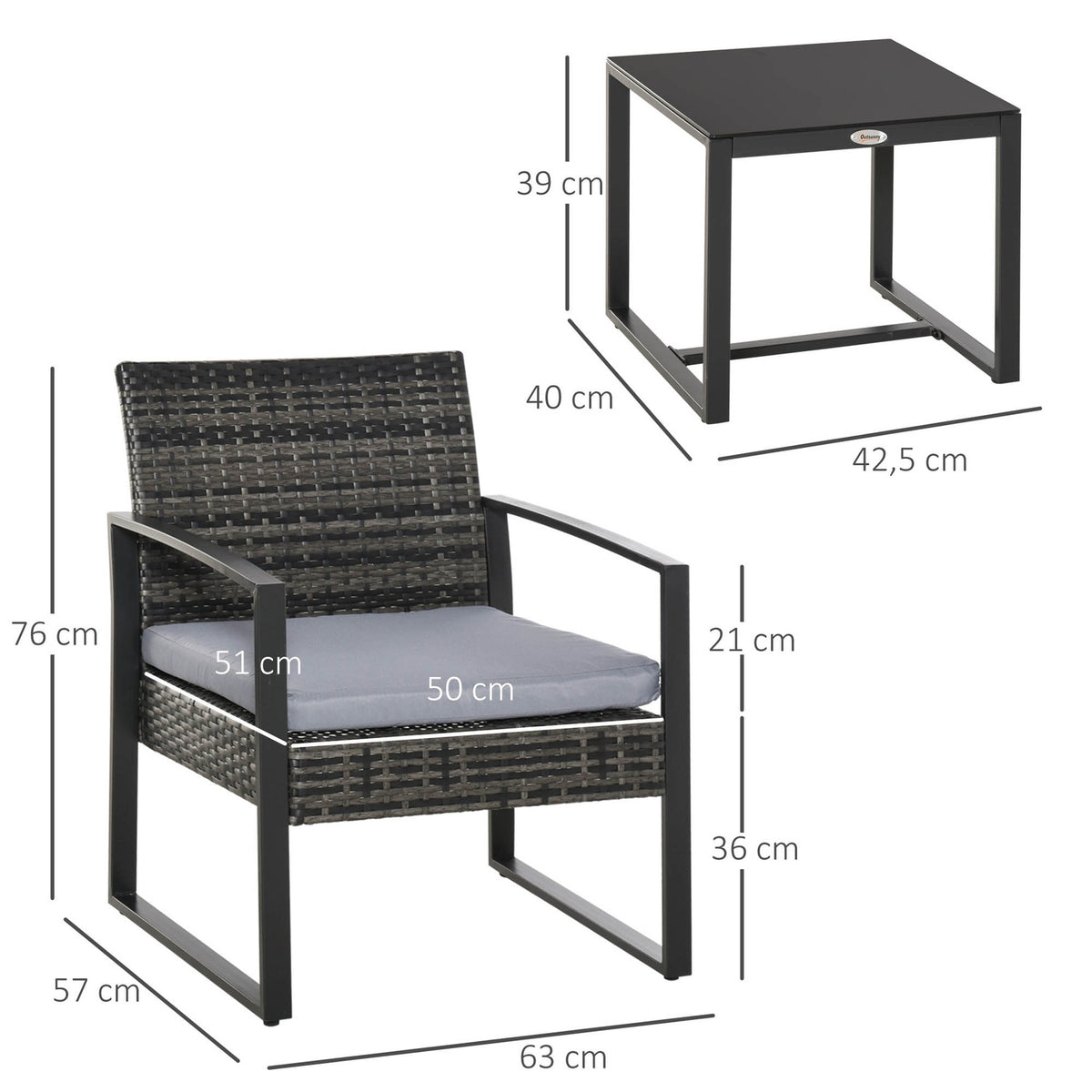 Polyrattan Garden Furniture 2 Person Balcony Set Cushion Gray