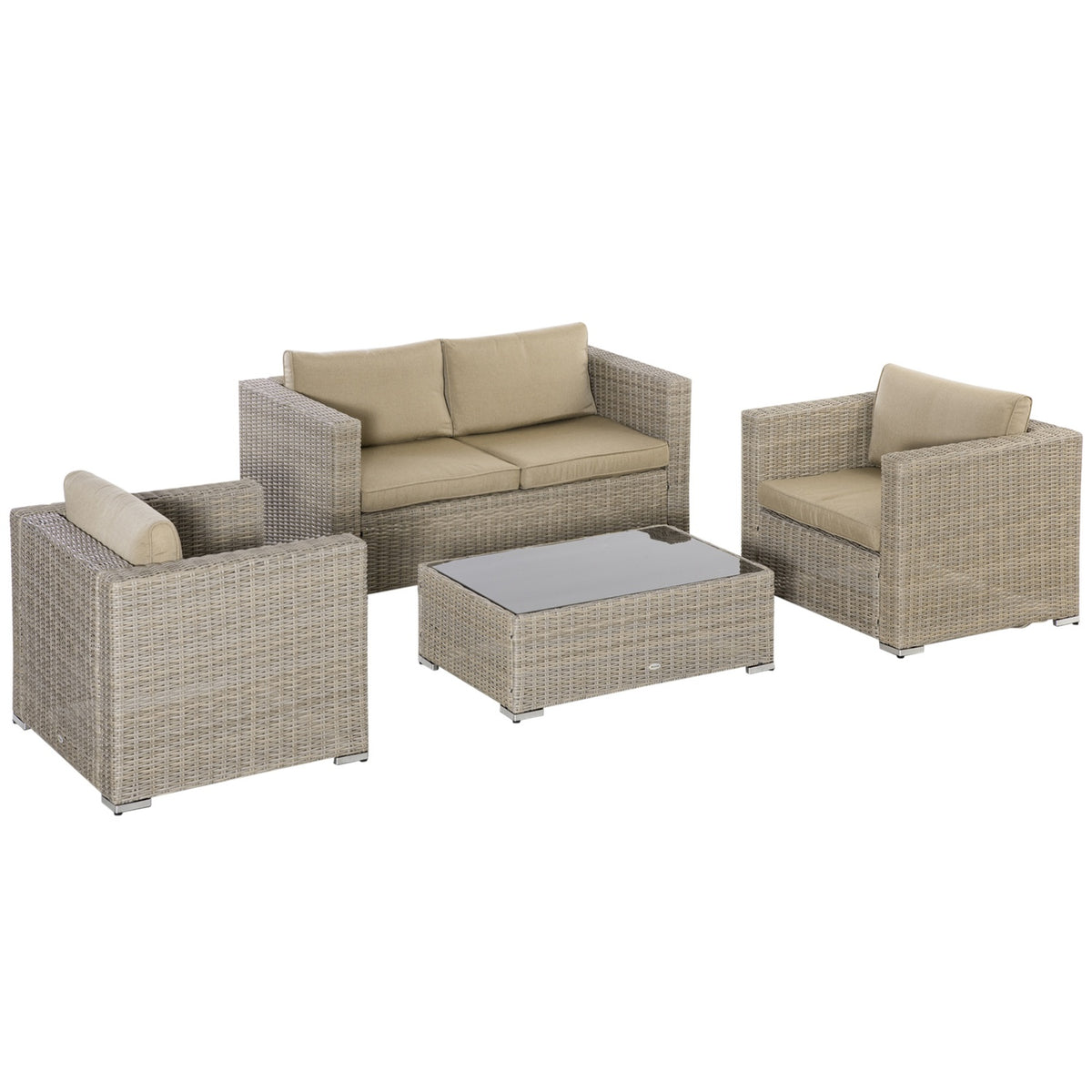 Polyrattan Garden Furniture Set 4 People Lounge Furniture Coffee Table Seat Cushion Khaki + Beige