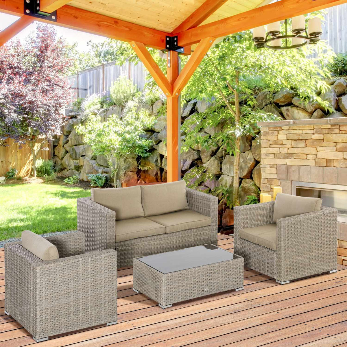 Polyrattan Garden Furniture Set 4 People Lounge Furniture Coffee Table Seat Cushion Khaki + Beige
