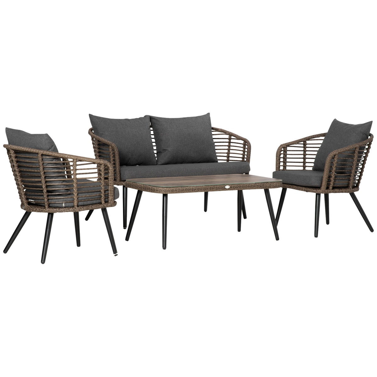 Polyrattan Garden Furniture Set For 4 People Rat Sofa Set Tea Table With Sofa Cushions Steel Brown + Gray