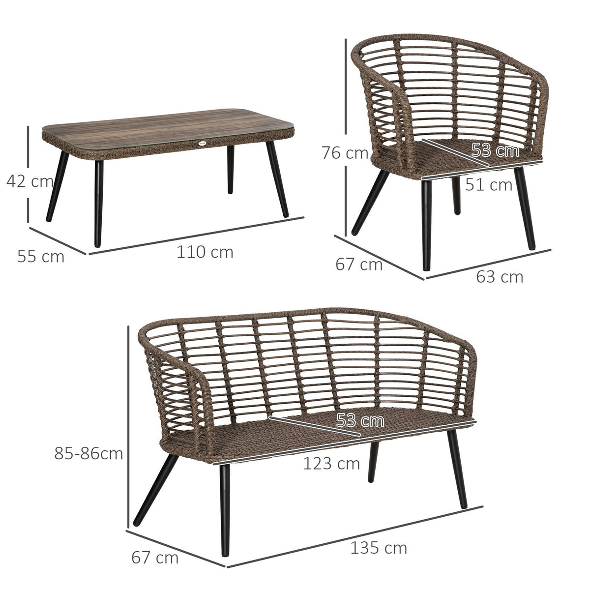 Polyrattan Garden Furniture Set For 4 People Rat Sofa Set Tea Table With Sofa Cushions Steel Brown + Gray