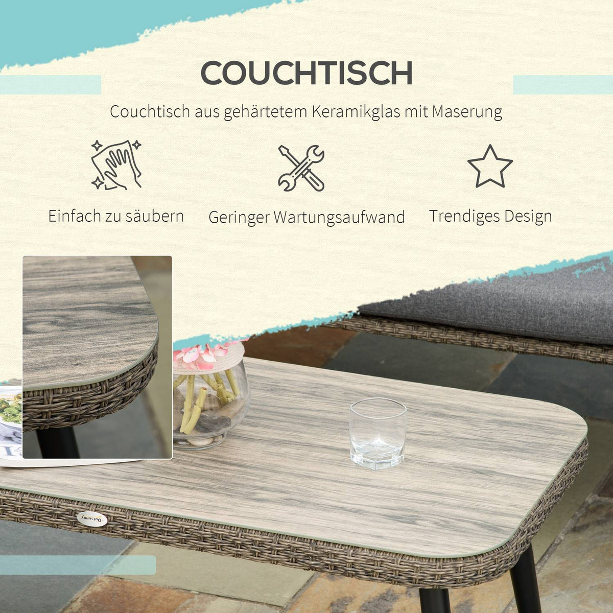 Polyrattan Garden Furniture Set For 4 People Rat Sofa Set Tea Table With Sofa Cushions Steel Brown + Gray