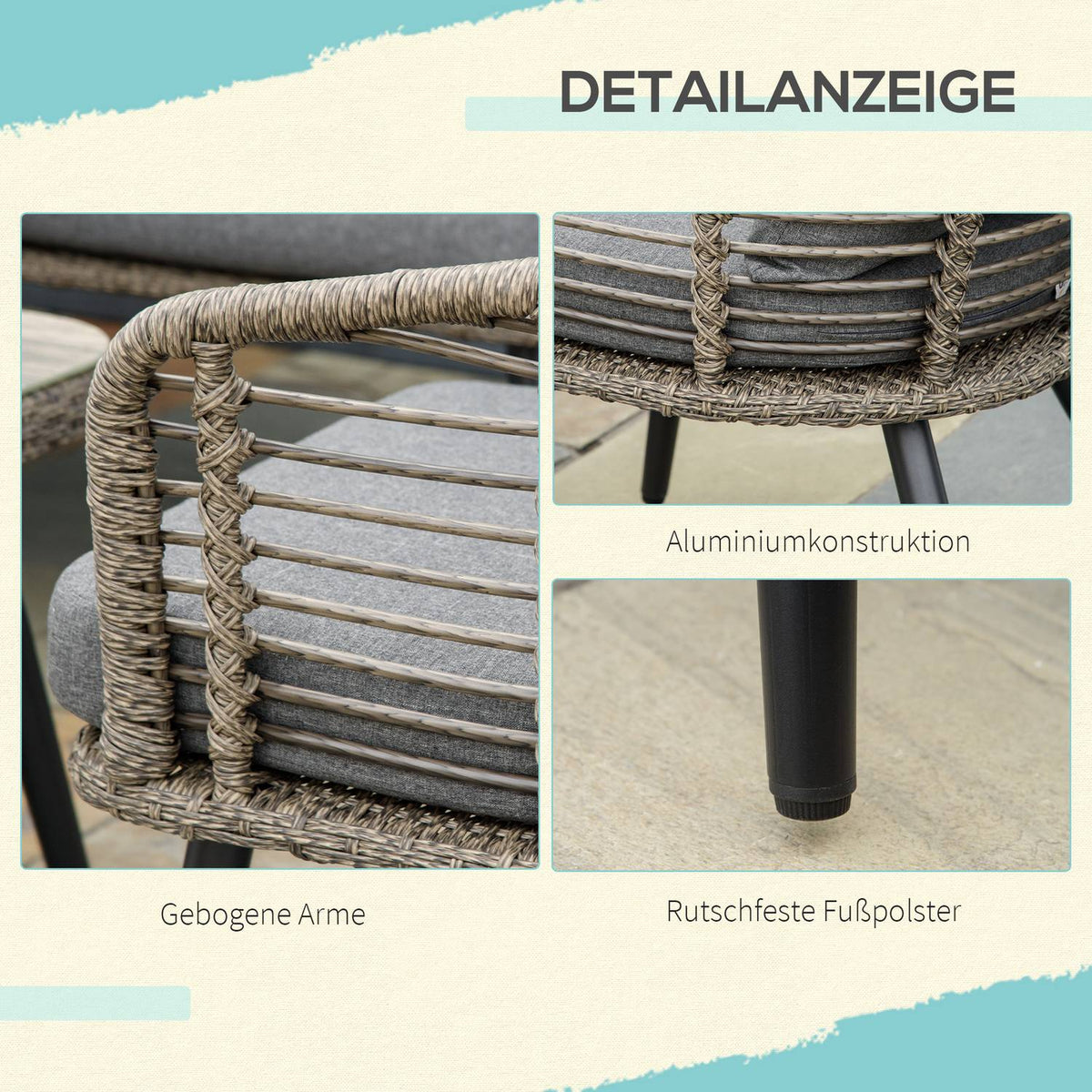 Polyrattan Garden Furniture Set For 4 People Rat Sofa Set Tea Table With Sofa Cushions Steel Brown + Gray