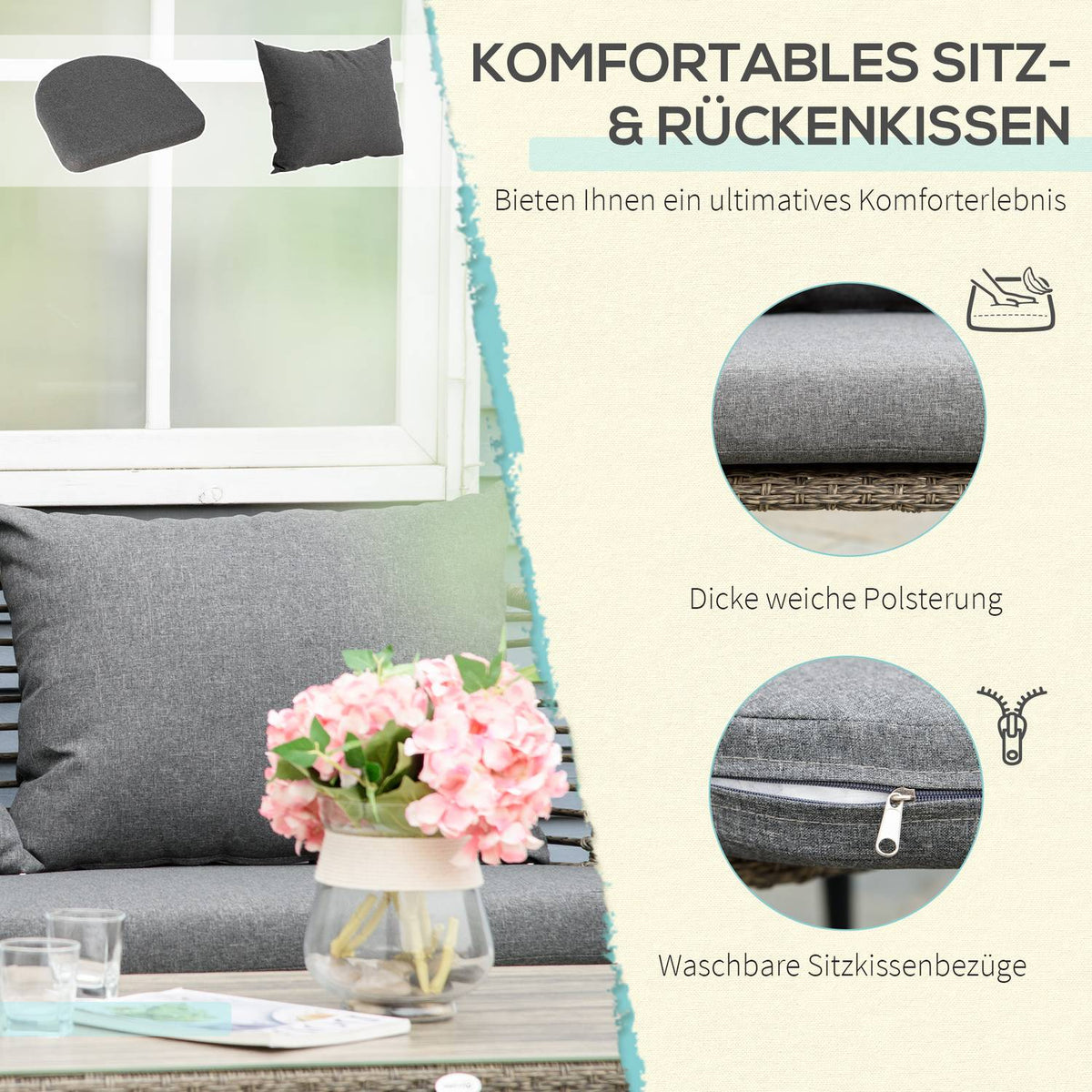 Polyrattan Garden Furniture Set For 4 People Rat Sofa Set Tea Table With Sofa Cushions Steel Brown + Gray