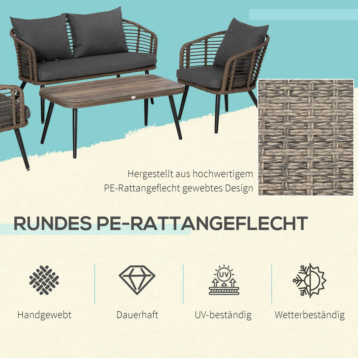 Polyrattan Garden Furniture Set For 4 People Rat Sofa Set Tea Table With Sofa Cushions Steel Brown + Gray