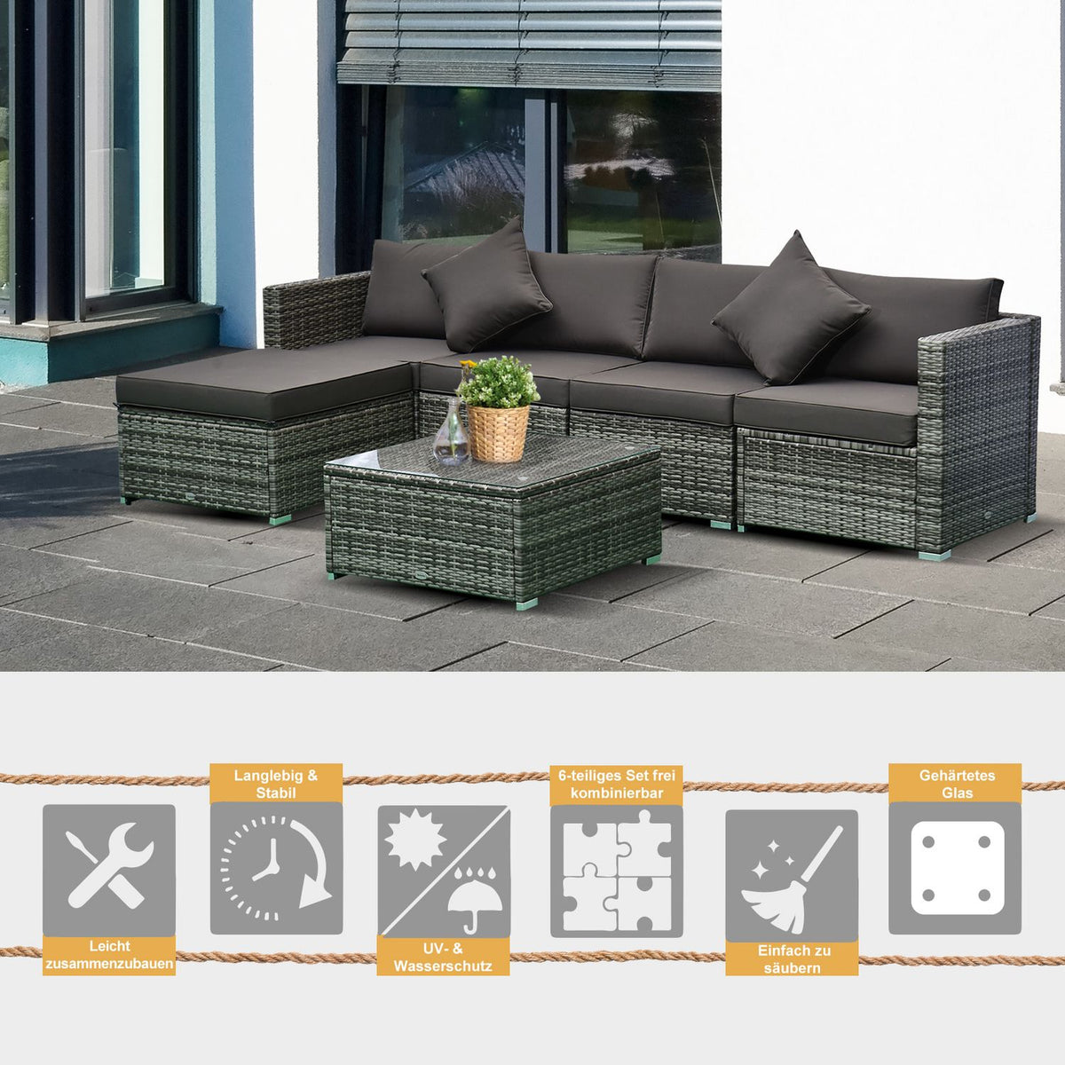 Polyrattan Garden Furniture Set For 4 People Seating Set Grey