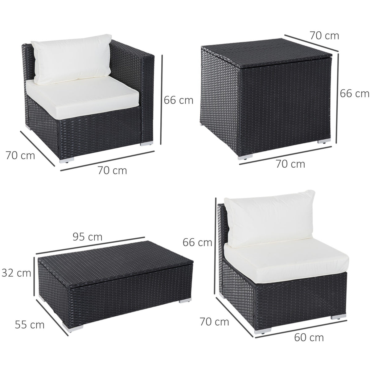 Polyrattan Garden Furniture Set For 4 People, Seating Set With Cushions, Seating Group Table With Storage Space, Black + Cream