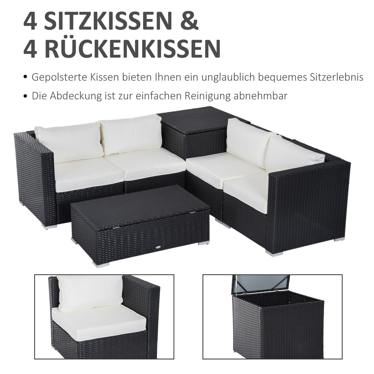 Polyrattan Garden Furniture Set For 4 People, Seating Set With Cushions, Seating Group Table With Storage Space, Black + Cream