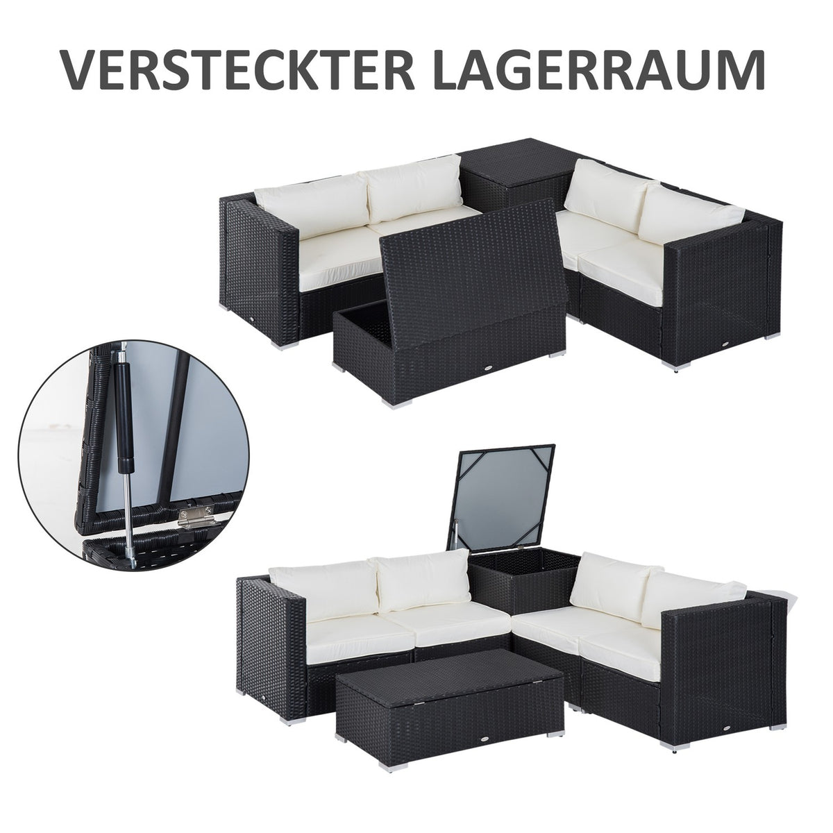 Polyrattan Garden Furniture Set For 4 People, Seating Set With Cushions, Seating Group Table With Storage Space, Black + Cream
