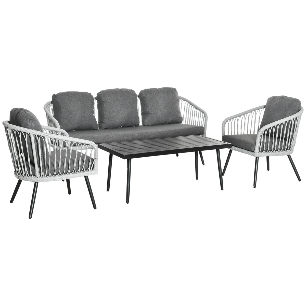 Polyrattan Garden Furniture Set For 5 People Seating Group With Aluminum Gray Cushions
