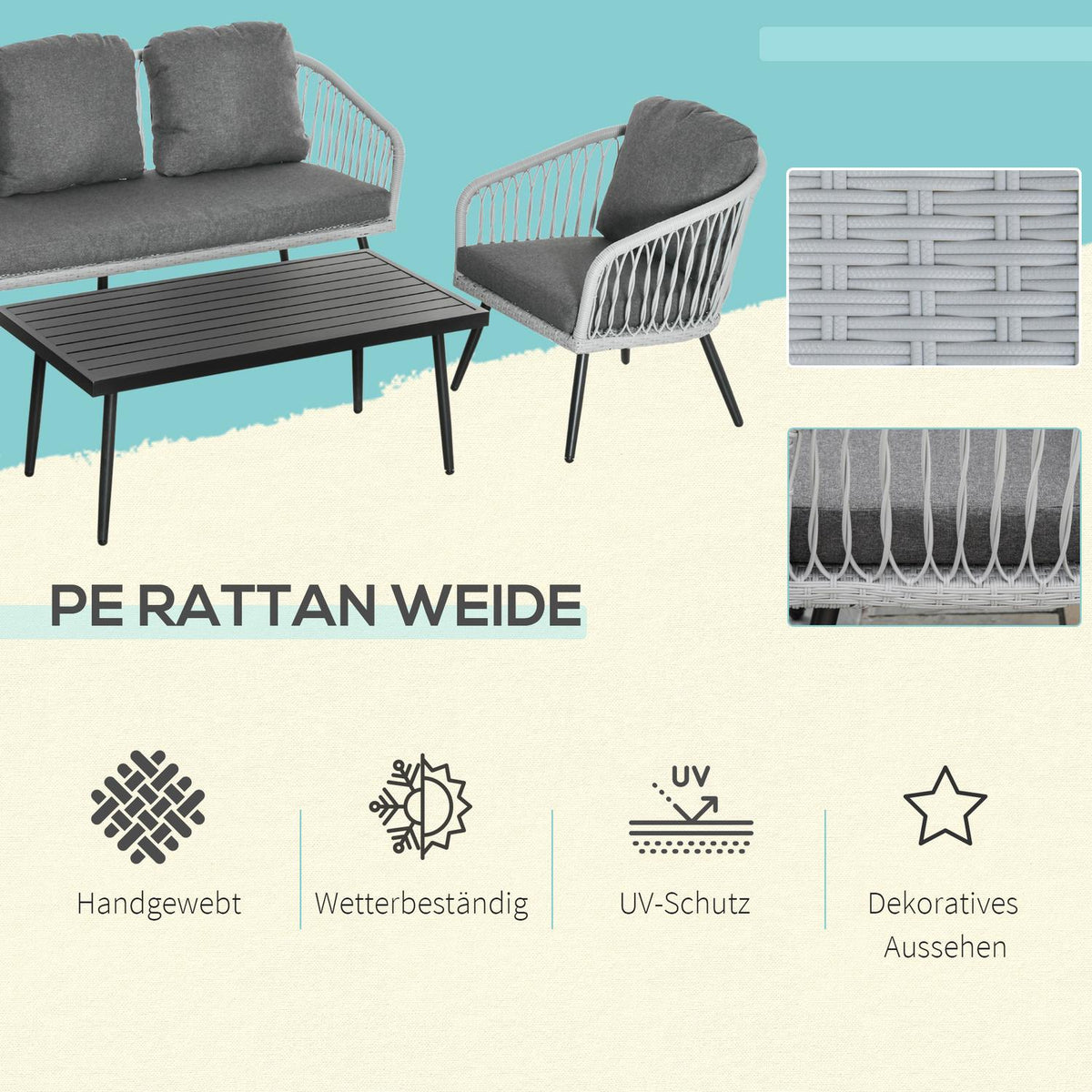 Polyrattan Garden Furniture Set For 5 People Seating Group With Aluminum Gray Cushions