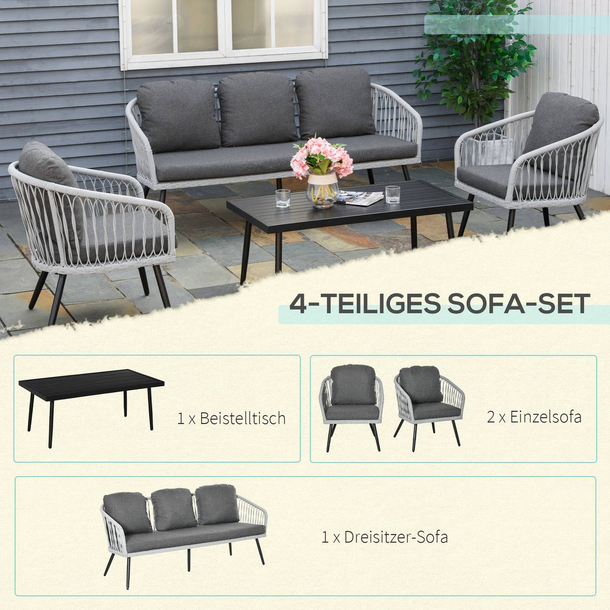 Polyrattan Garden Furniture Set For 5 People Seating Group With Aluminum Gray Cushions