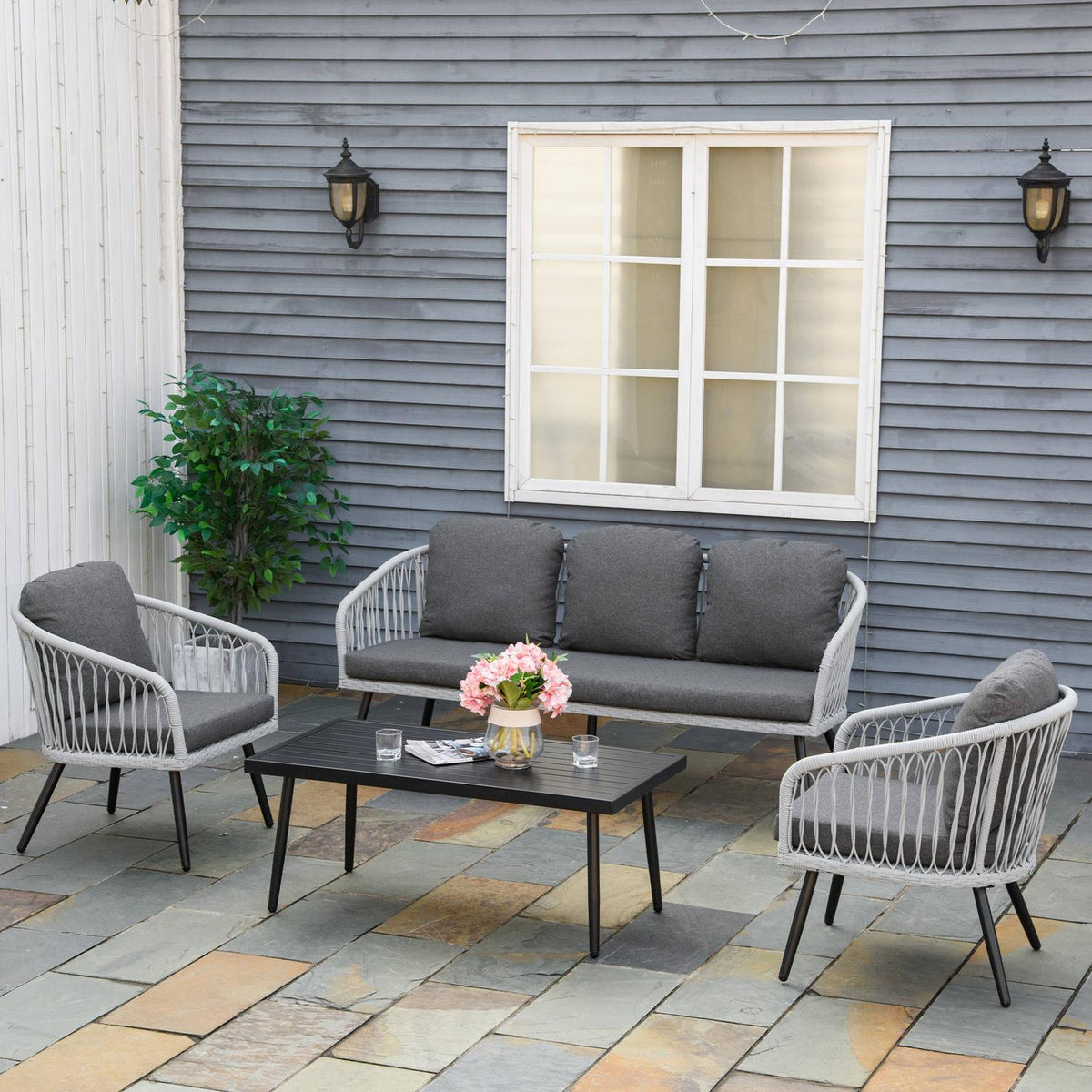 Polyrattan Garden Furniture Set For 5 People Seating Group With Aluminum Gray Cushions