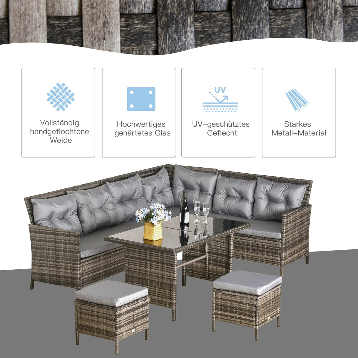 Polyrattan Garden Furniture Set Lounge In Gray, Including Sofa Set & Cushions, Ideal For Outdoor & Terrace