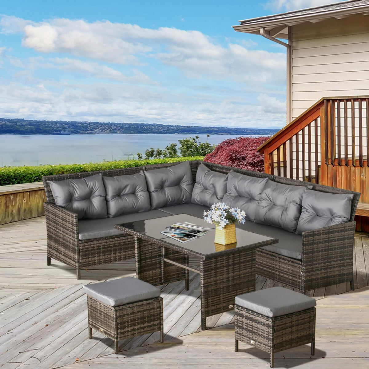 Polyrattan Garden Furniture Set Lounge In Gray, Including Sofa Set & Cushions, Ideal For Outdoor & Terrace