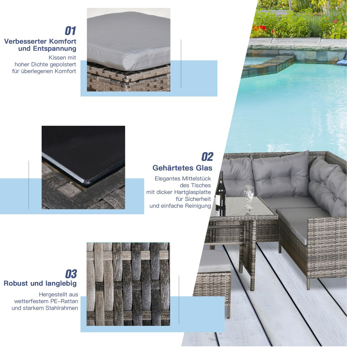 Polyrattan Garden Furniture Set Lounge In Gray, Including Sofa Set & Cushions, Ideal For Outdoor & Terrace