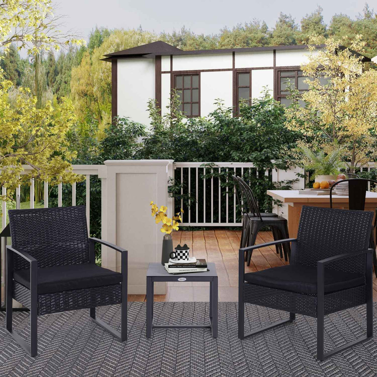 Polyrattan Garden Set For 2 People Balcony Furniture Set With Cushions Black