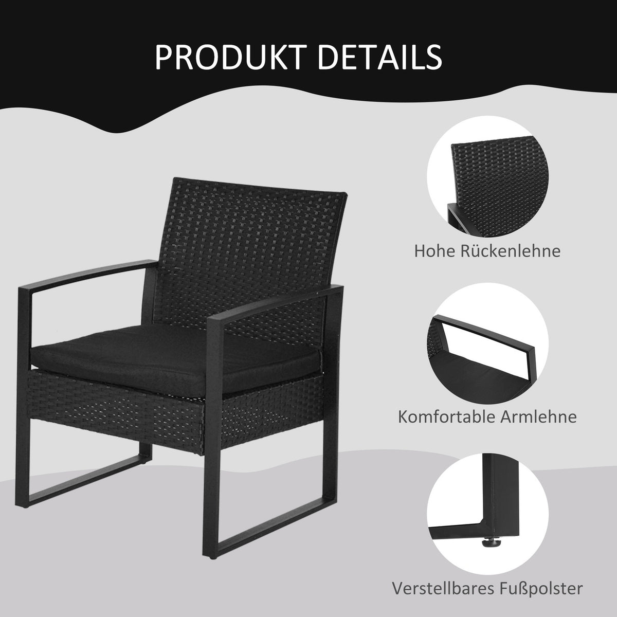Polyrattan Garden Set For 2 People Balcony Furniture Set With Cushions Black