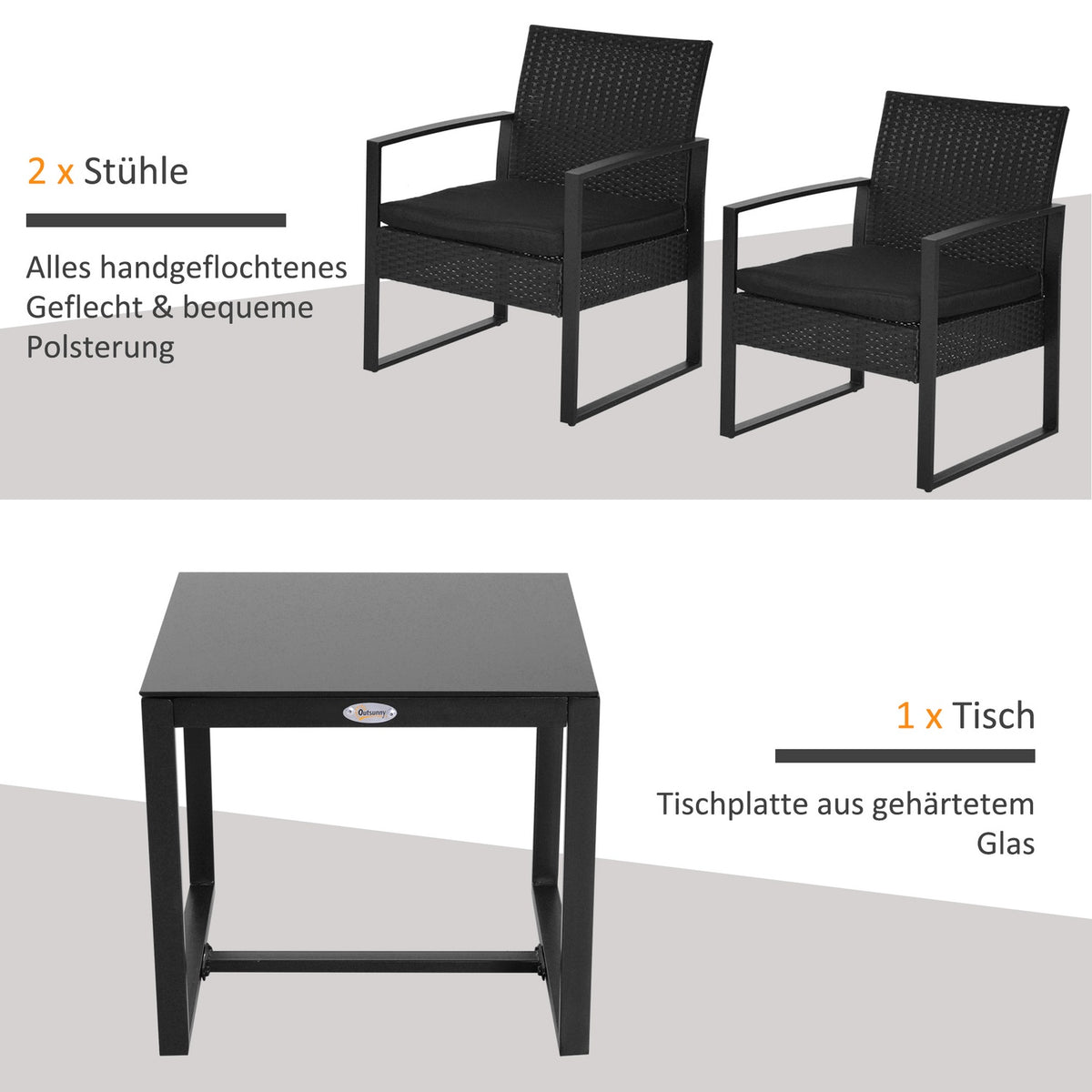 Polyrattan Garden Set For 2 People Balcony Furniture Set With Cushions Black