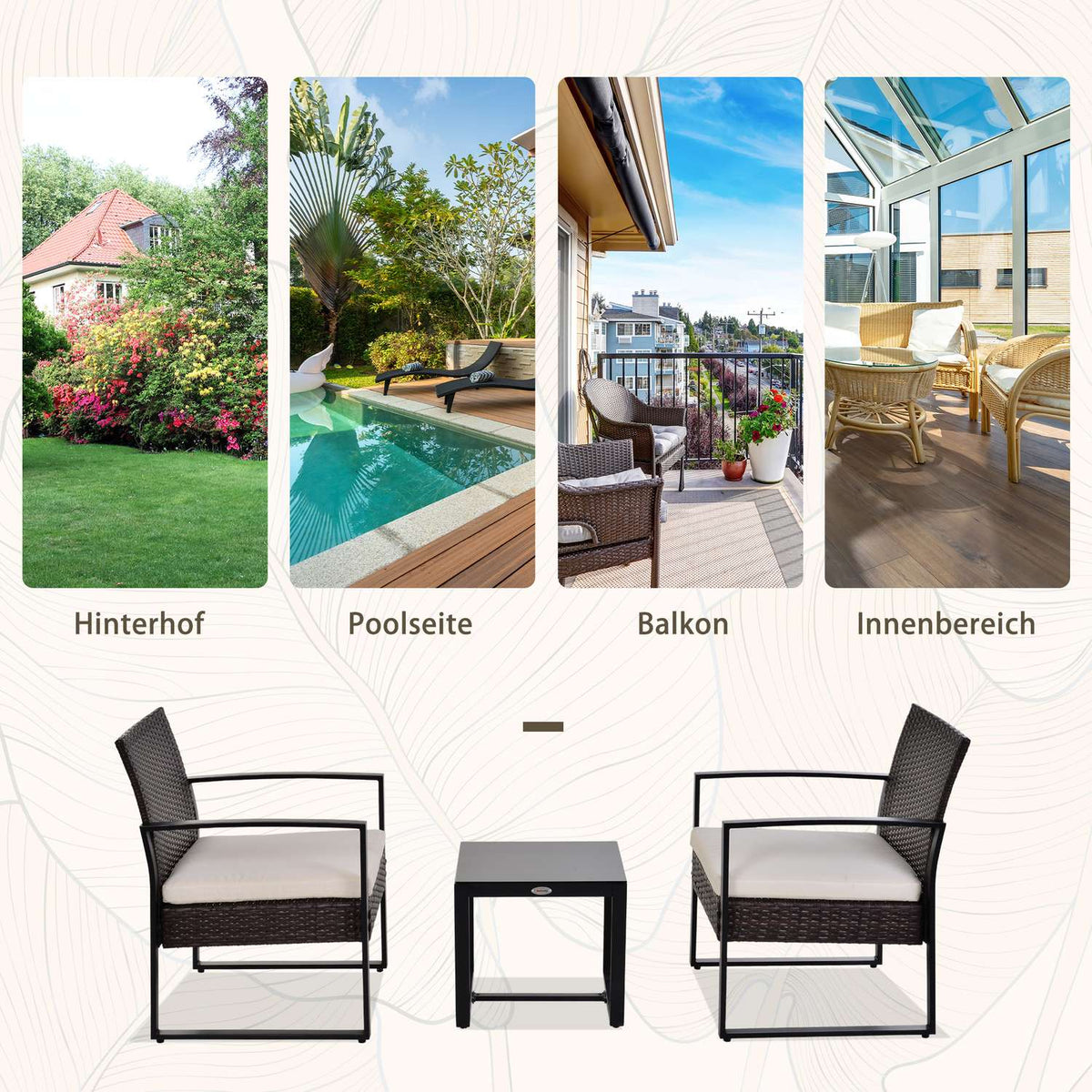 Polyrattan Garden Set For 2 People Balcony Furniture Set With Cushions Brown + Cream