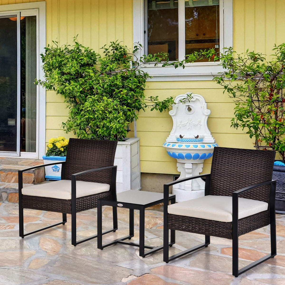 Polyrattan Garden Set For 2 People Balcony Furniture Set With Cushions Brown + Cream