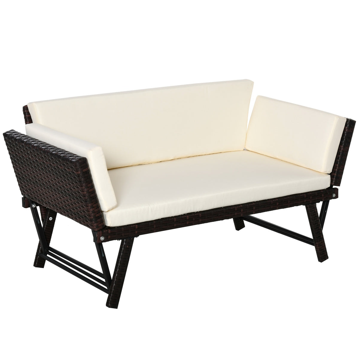 Polyrattan Garden Sofa 2 Seater Garden Furniture Lounge Sofa Garden Bench Garden Lounger Folding Armrests Steel Brown 129 X 63 X 67 Cm
