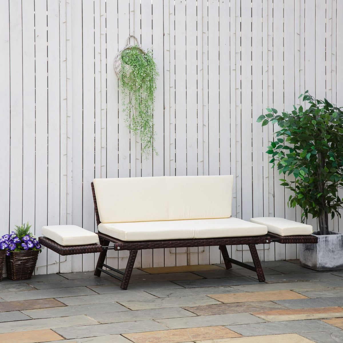 Polyrattan Garden Sofa 2 Seater Garden Furniture Lounge Sofa Garden Bench Garden Lounger Folding Armrests Steel Brown 129 X 63 X 67 Cm