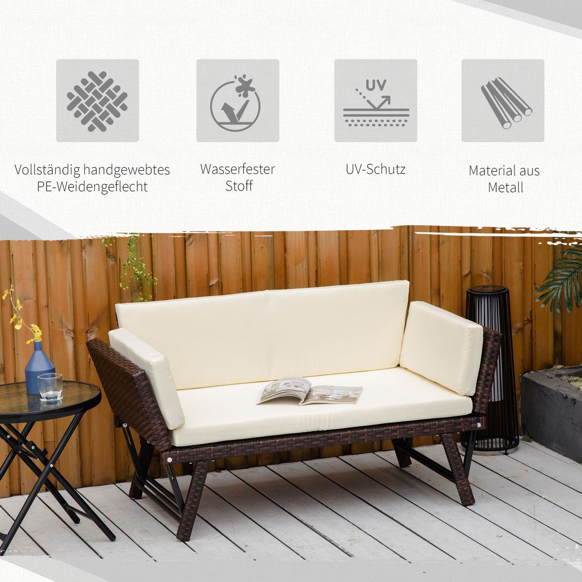 Polyrattan Garden Sofa 2 Seater Garden Furniture Lounge Sofa Garden Bench Garden Lounger Folding Armrests Steel Brown 129 X 63 X 67 Cm