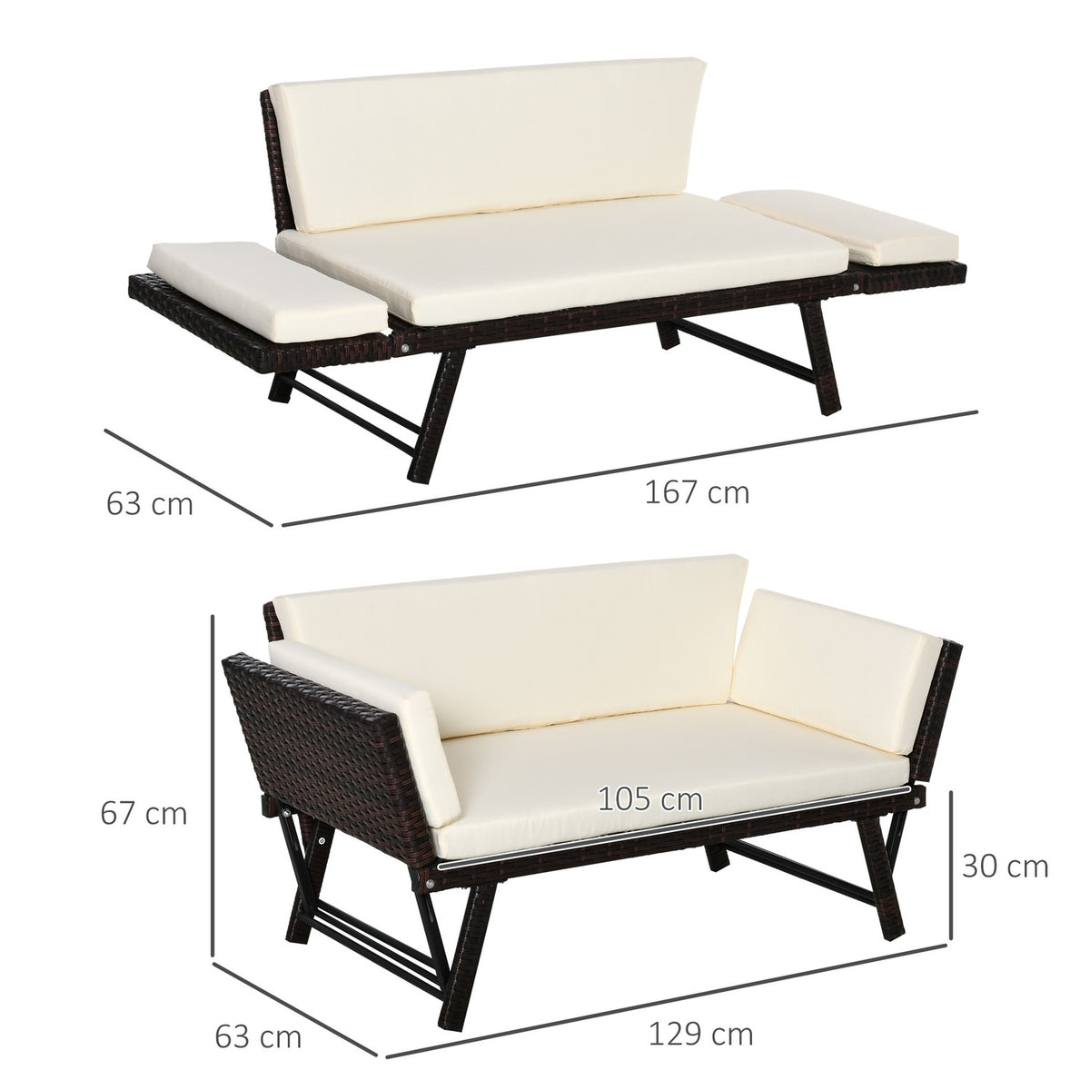 Polyrattan Garden Sofa 2 Seater Garden Furniture Lounge Sofa Garden Bench Garden Lounger Folding Armrests Steel Brown 129 X 63 X 67 Cm