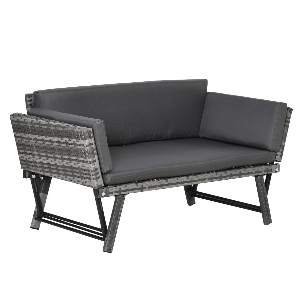 Polyrattan Garden Sofa 2-Seater Lounge Sofa In Gray, Folding Armrests, Steel, 129X63X67Cm, For Garden & Patio