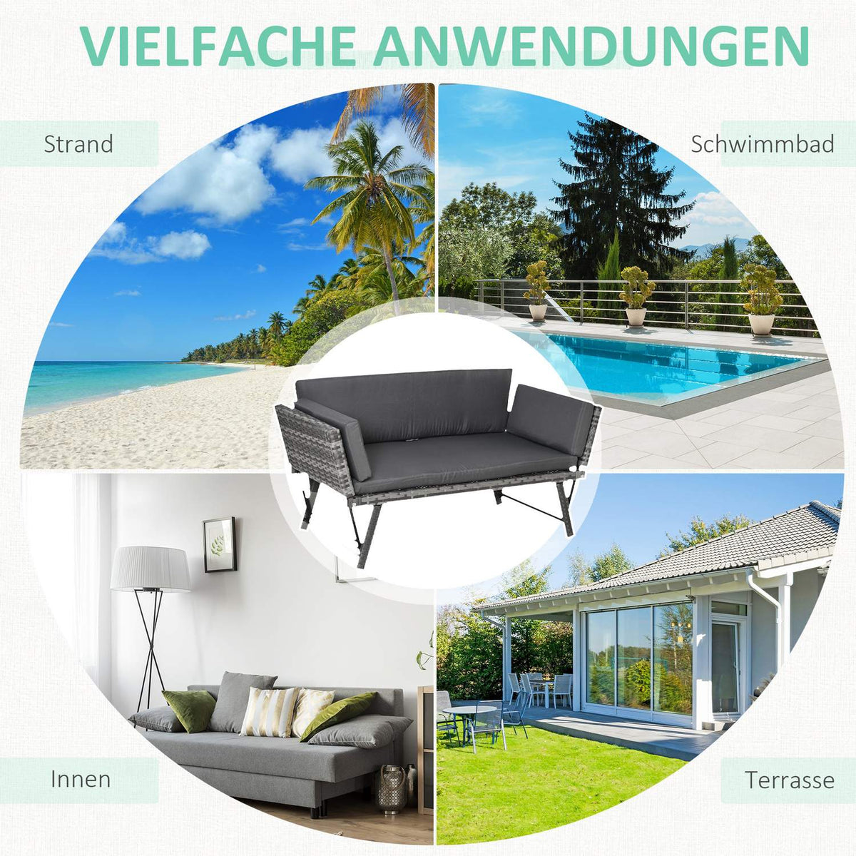 Polyrattan Garden Sofa 2-Seater Lounge Sofa In Gray, Folding Armrests, Steel, 129X63X67Cm, For Garden & Patio