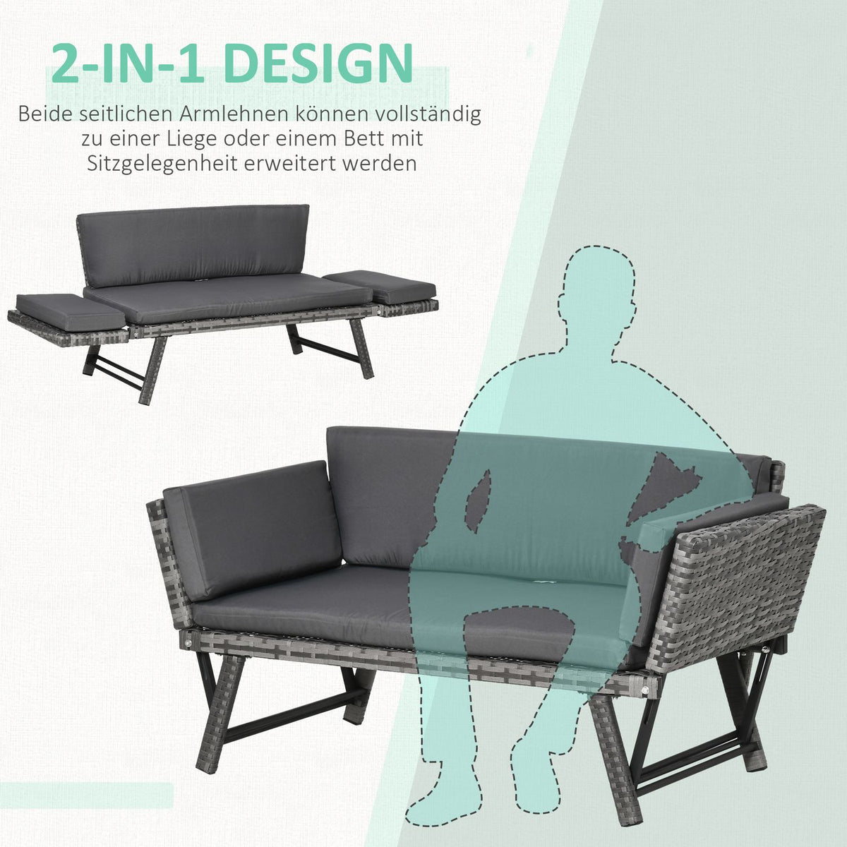 Polyrattan Garden Sofa 2-Seater Lounge Sofa In Gray, Folding Armrests, Steel, 129X63X67Cm, For Garden & Patio