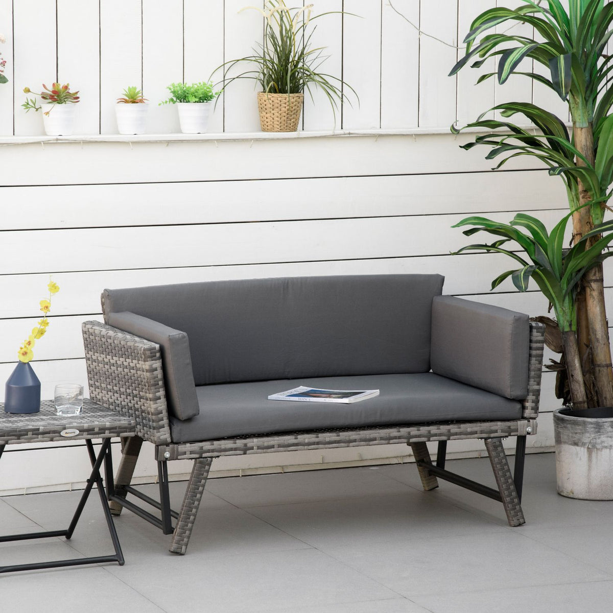 Polyrattan Garden Sofa 2-Seater Lounge Sofa In Gray, Folding Armrests, Steel, 129X63X67Cm, For Garden & Patio