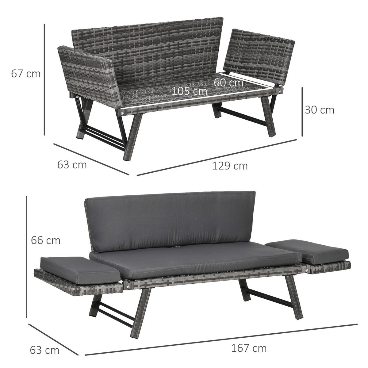 Polyrattan Garden Sofa 2-Seater Lounge Sofa In Gray, Folding Armrests, Steel, 129X63X67Cm, For Garden & Patio