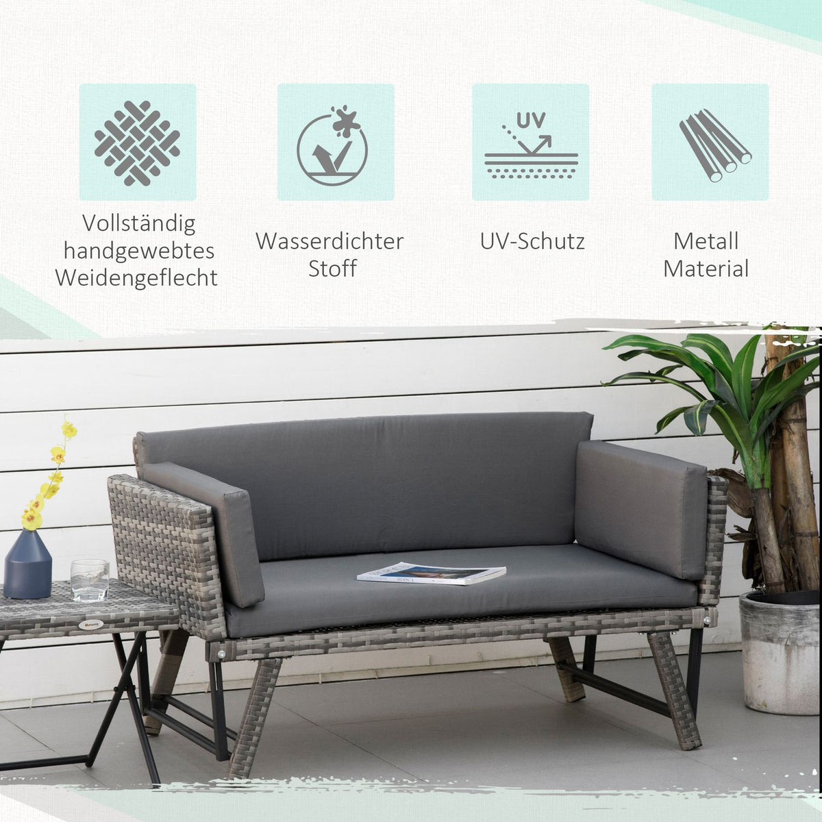 Polyrattan Garden Sofa 2-Seater Lounge Sofa In Gray, Folding Armrests, Steel, 129X63X67Cm, For Garden & Patio
