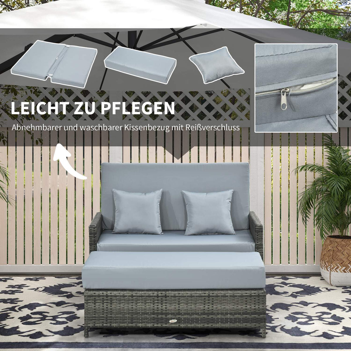 Polyrattan Lounge Sofa Garden Sofa 2-Seater With Cushion & Stool Garden Lounger Gray