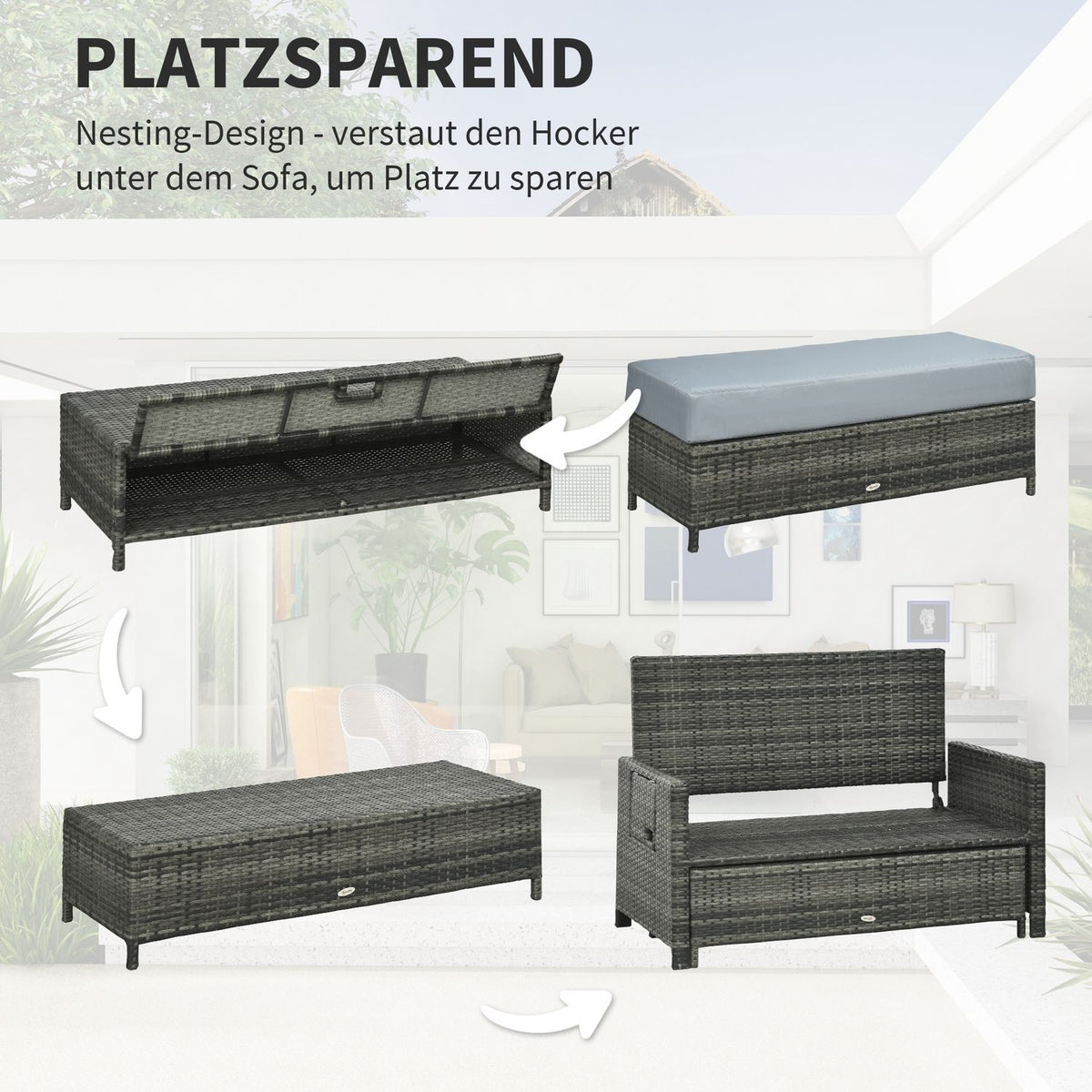 Polyrattan Lounge Sofa Garden Sofa 2-Seater With Cushion & Stool Garden Lounger Gray
