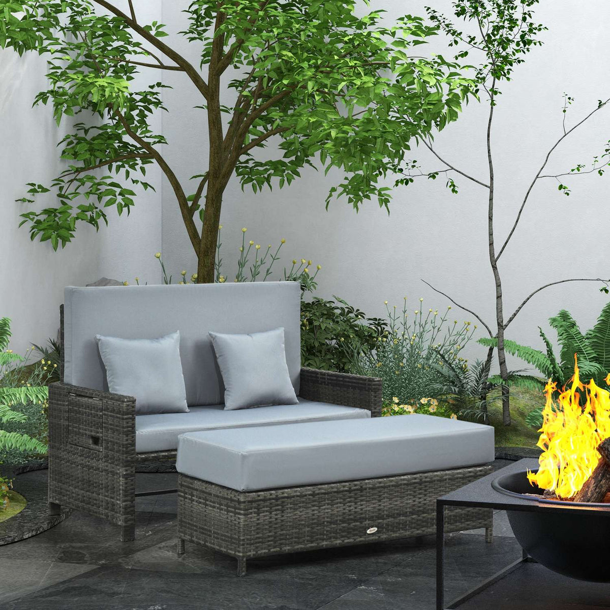 Polyrattan Lounge Sofa Garden Sofa 2-Seater With Cushion & Stool Garden Lounger Gray