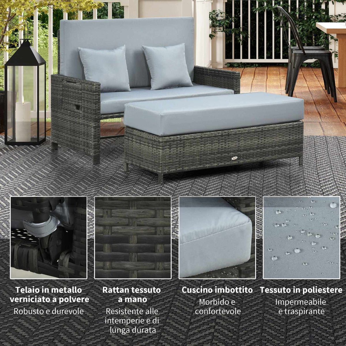 Polyrattan Lounge Sofa Garden Sofa 2-Seater With Cushion & Stool Garden Lounger Gray