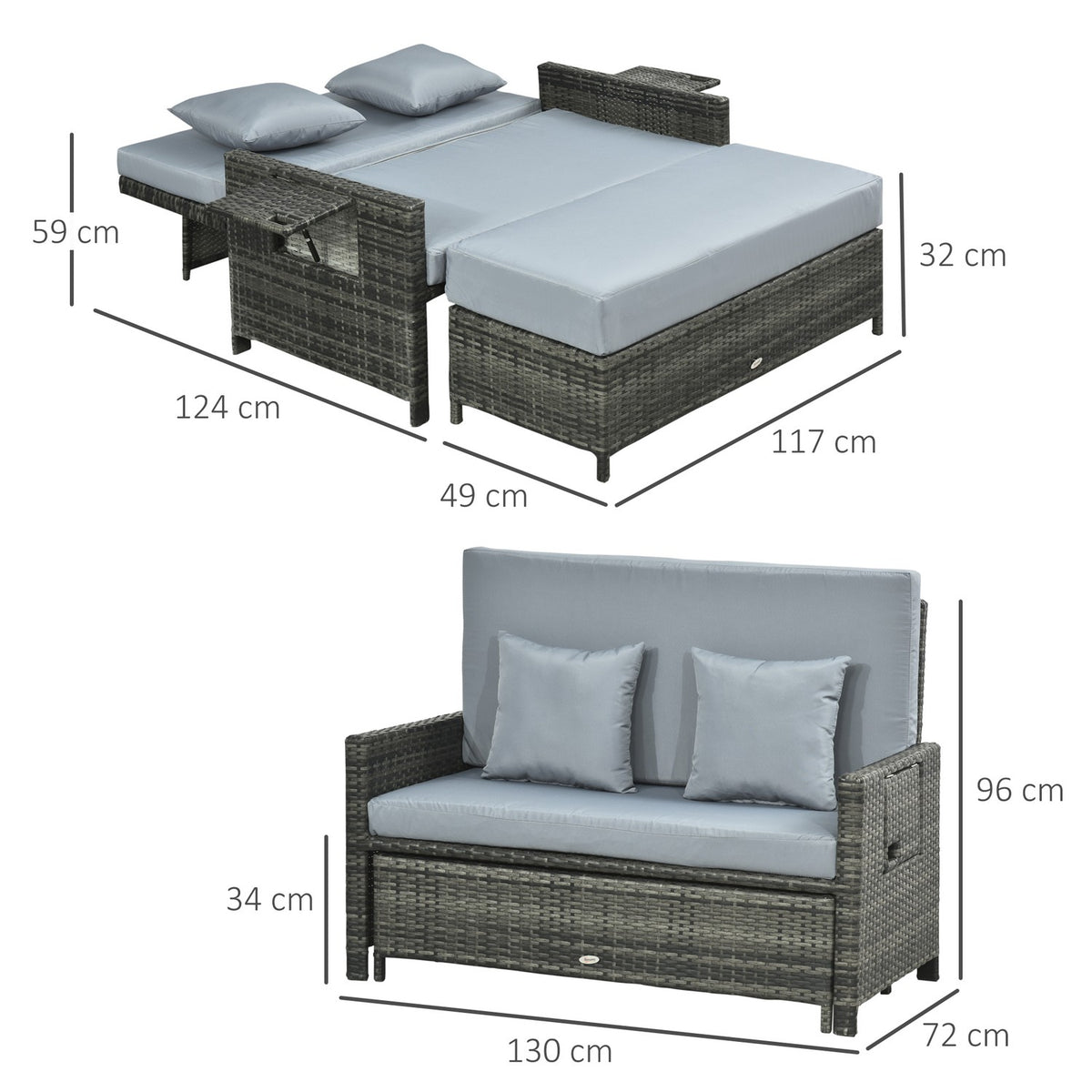 Polyrattan Lounge Sofa Garden Sofa 2-Seater With Cushion & Stool Garden Lounger Gray