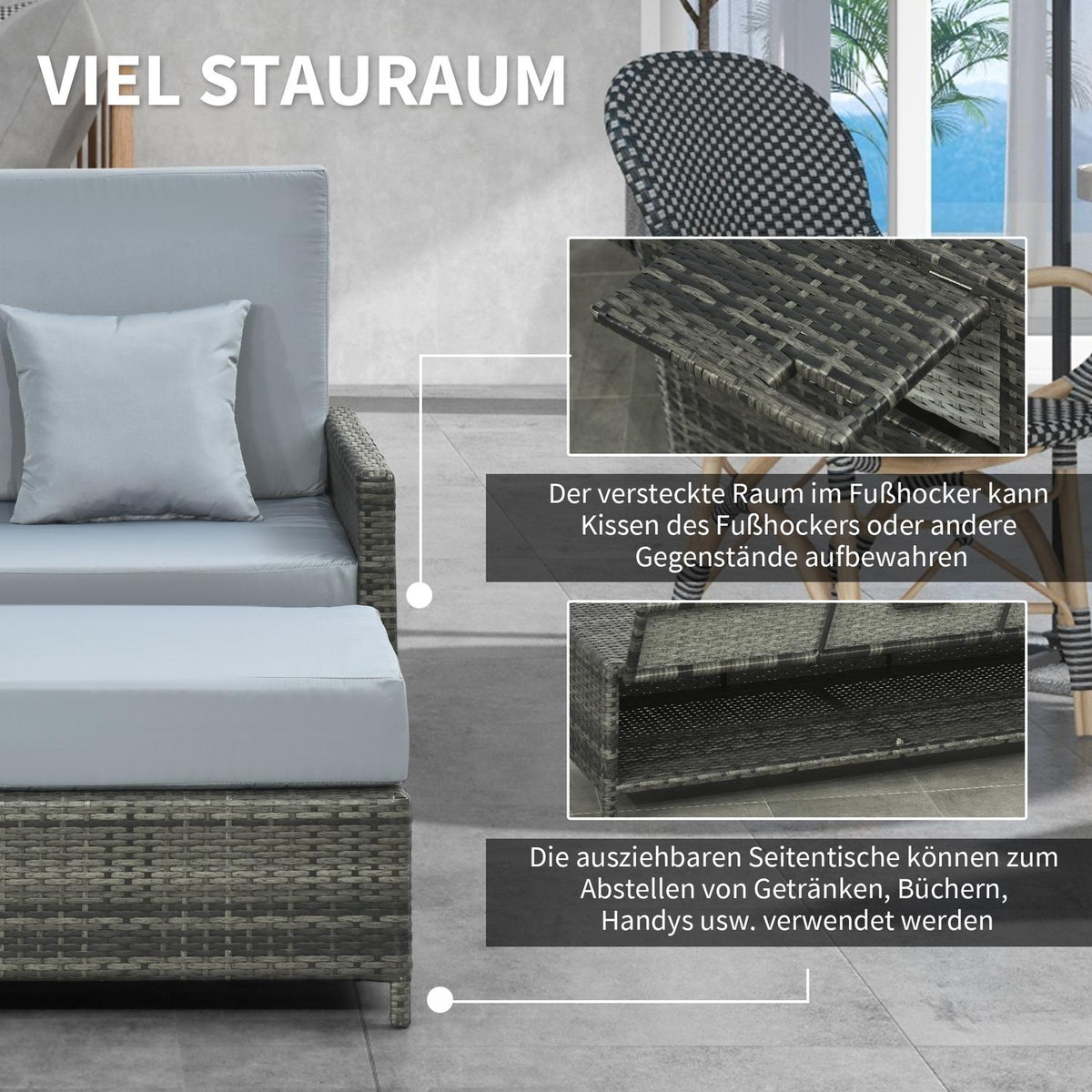 Polyrattan Lounge Sofa Garden Sofa 2-Seater With Cushion & Stool Garden Lounger Gray