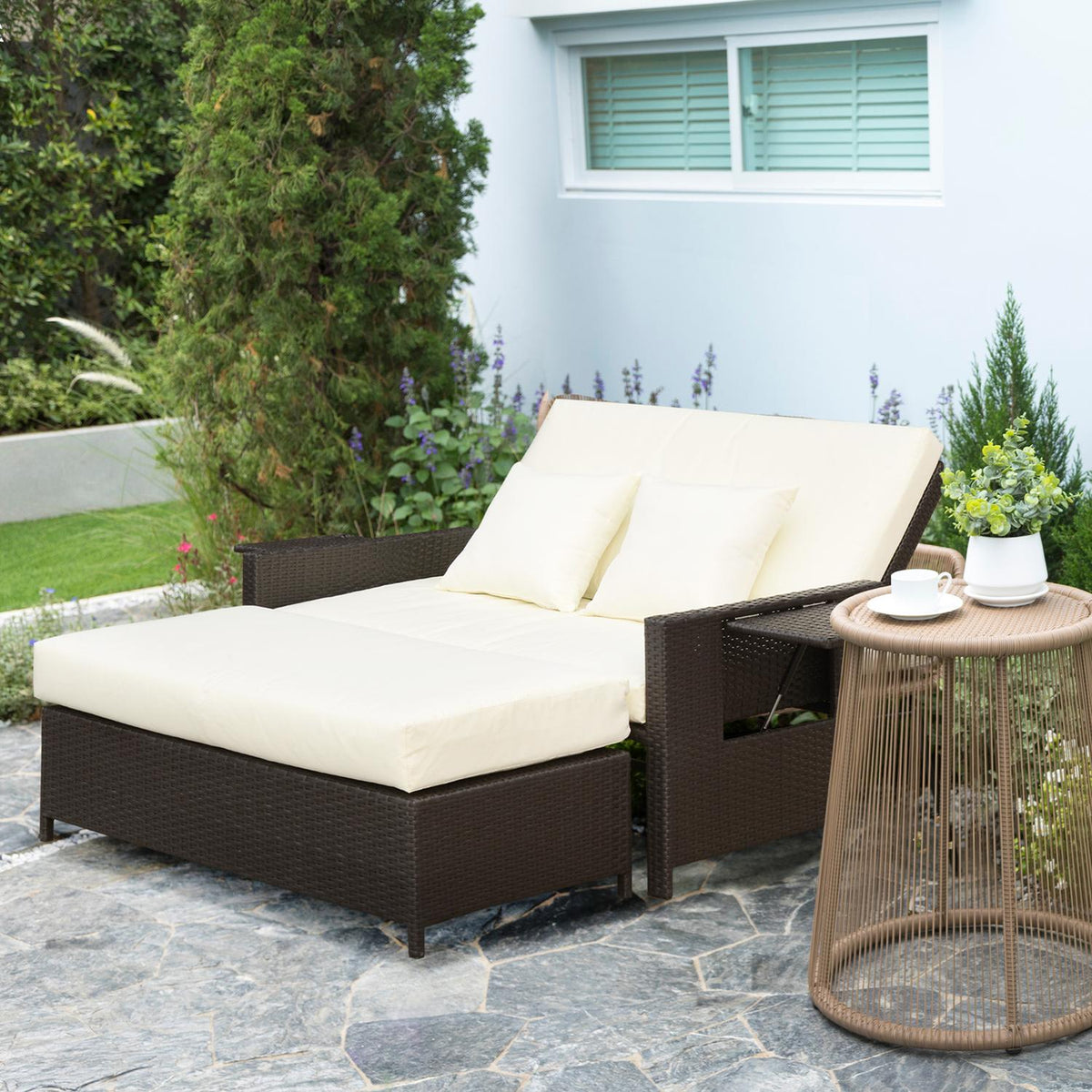 Polyrattan Lounge Sofa Garden Sofa Garden Lounger 2-Seater With Cushion Stool Brown