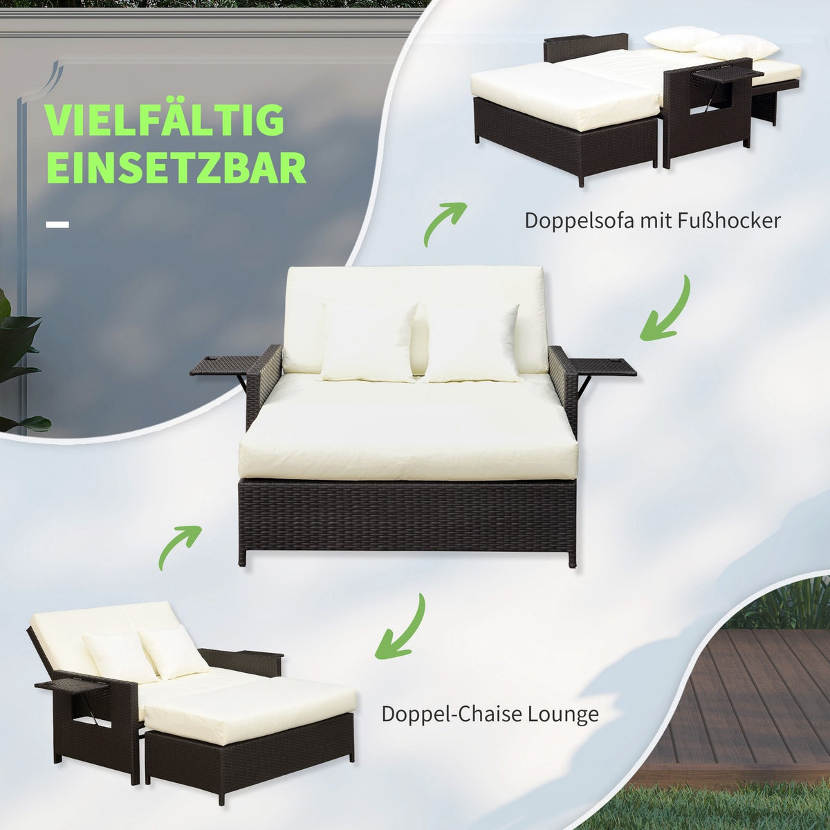 Polyrattan Lounge Sofa Garden Sofa Garden Lounger 2-Seater With Cushion Stool Brown
