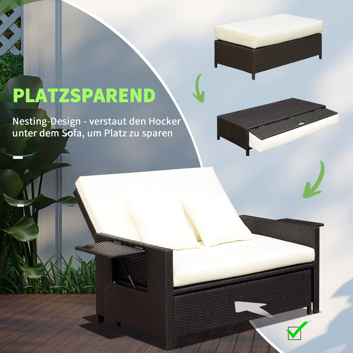 Polyrattan Lounge Sofa Garden Sofa Garden Lounger 2-Seater With Cushion Stool Brown